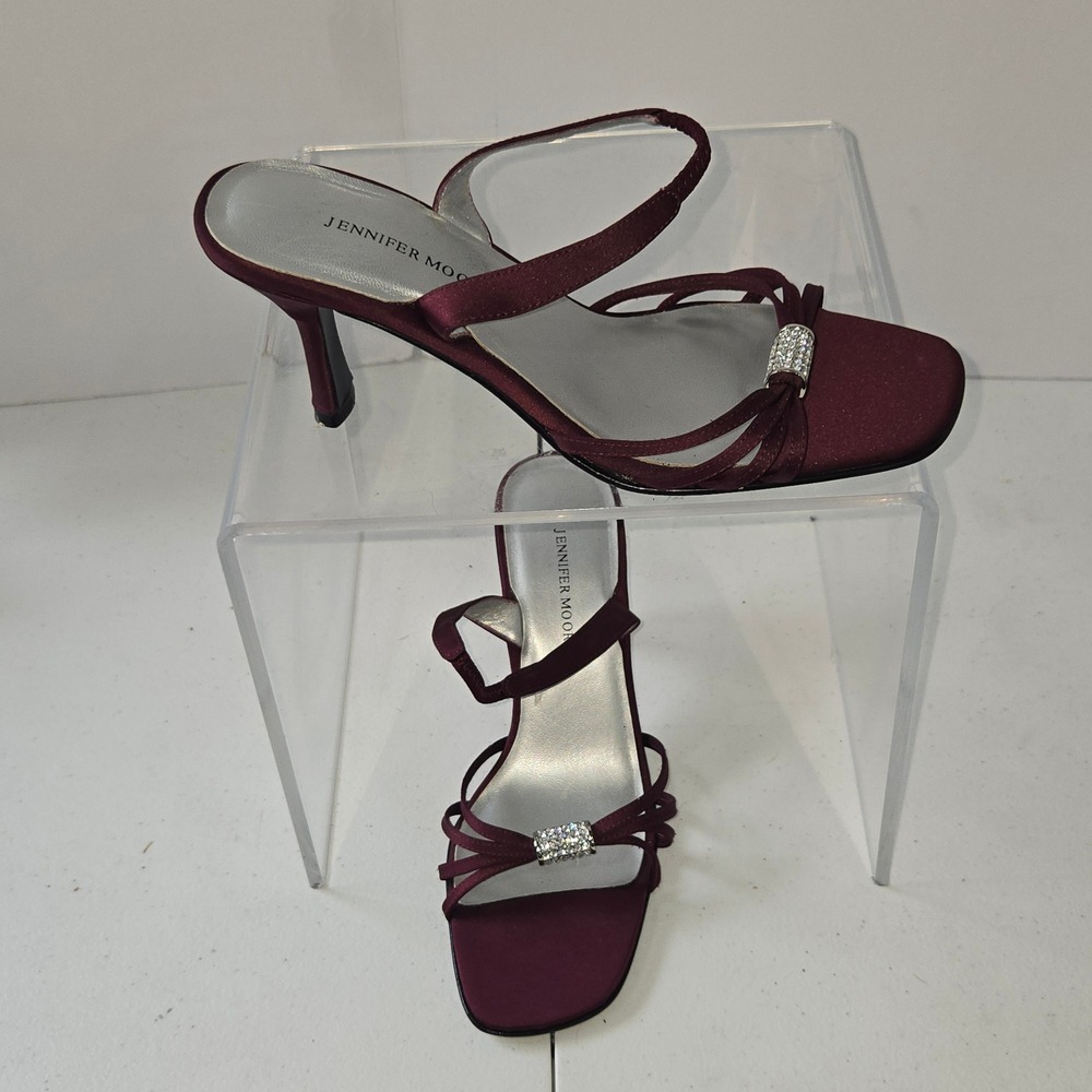 Jennifer Moore Toni Burgundy Satin Strappy Rhinestone Heeled Sandals womens 6.5M